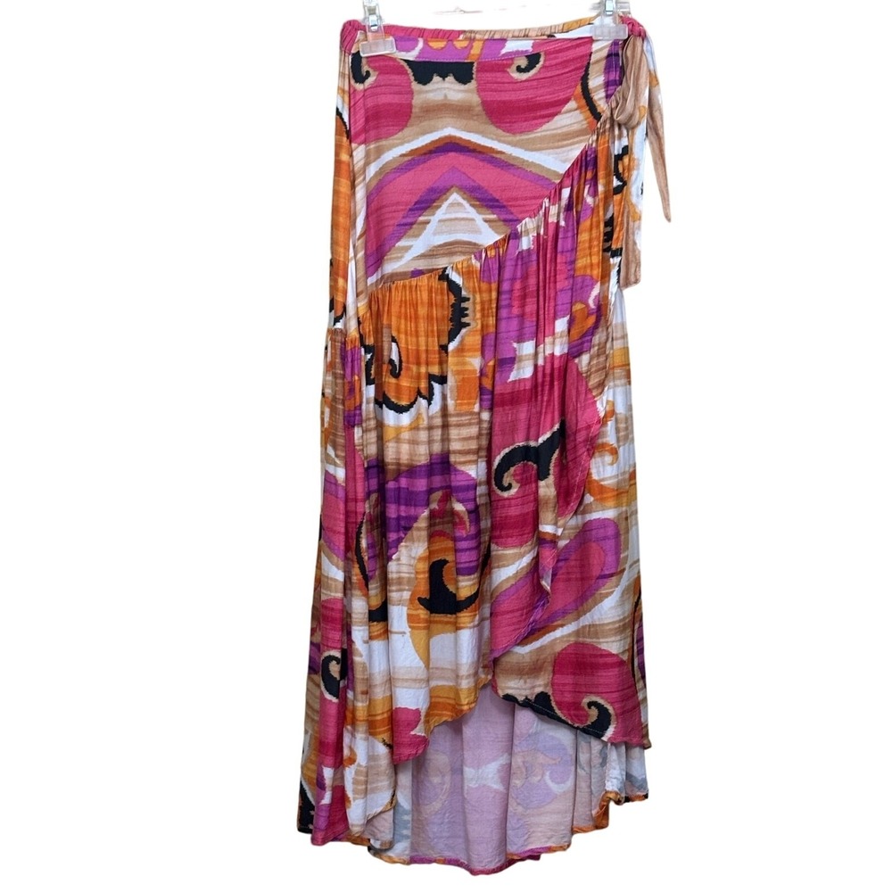 Boho  Resort Abstract Ikat Print Rachel Zoe maxi skirt, High Low Ruffle Small